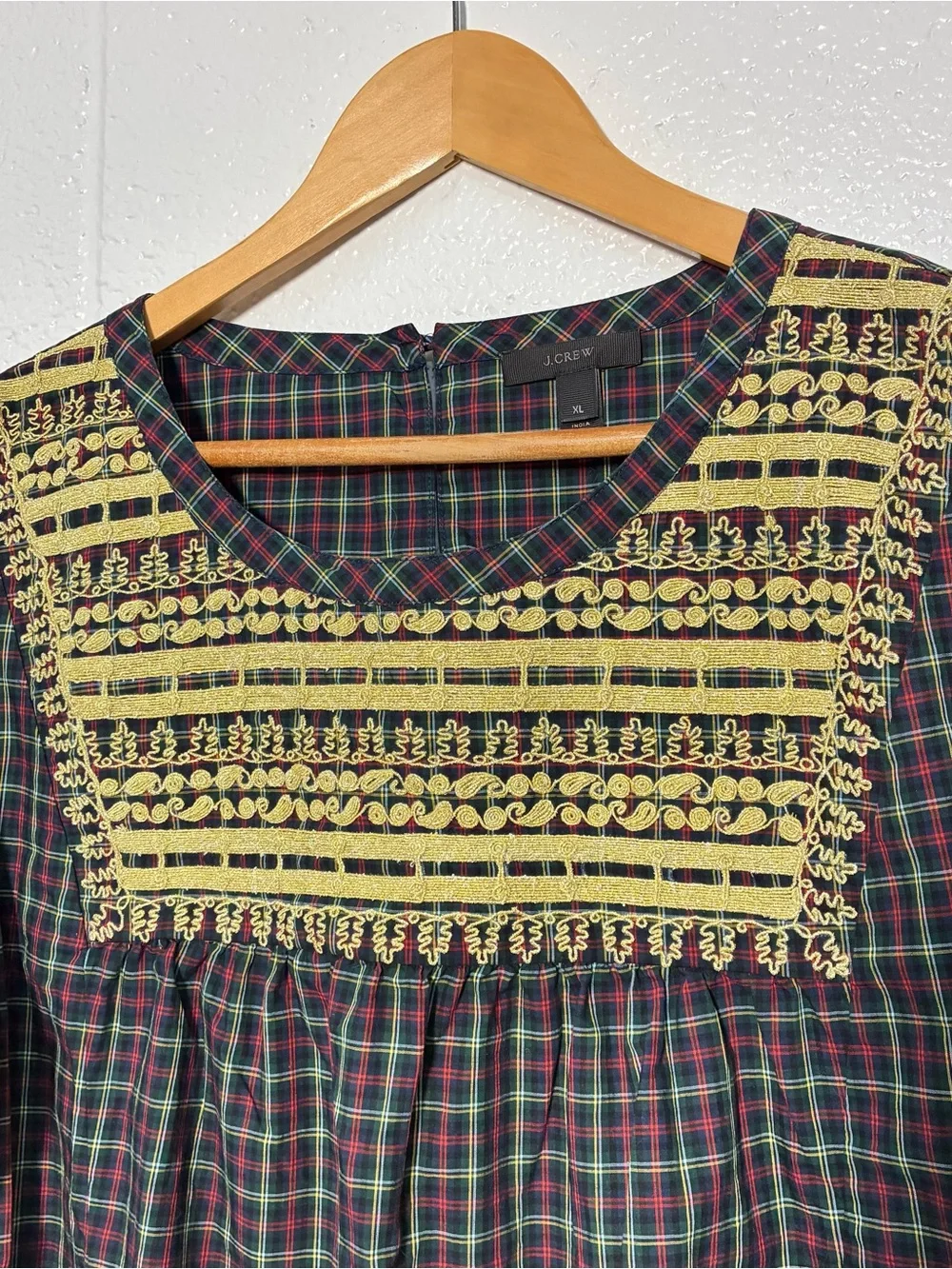 J Crew plaid long sleeve top with gold embroidery embellishments